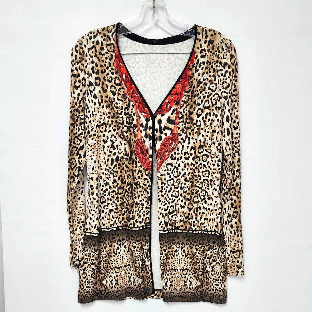 Riani Women's Brown Leopard Print Long Sleeved V-Neck Button-Up Cardigan Size 6
